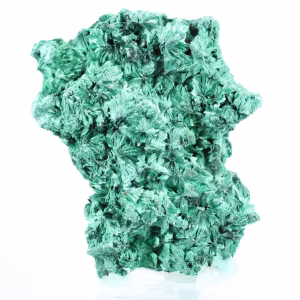 Malaquite fibrosa de perfil plano da RDC, mineral decorativo sobre base