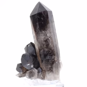 Grande cristal de quartzo mórion brasileiro montado em base acrílica
