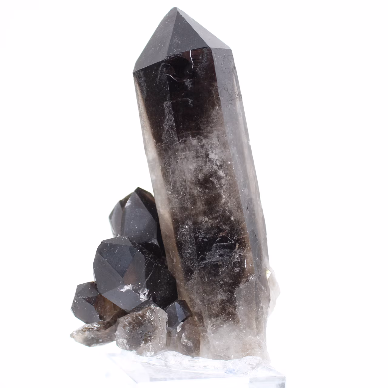 Grande cristal de quartzo mórion brasileiro montado em base acrílica