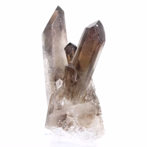 Cristal de quartzo mórion brasileiro de porte esguio, montado em base